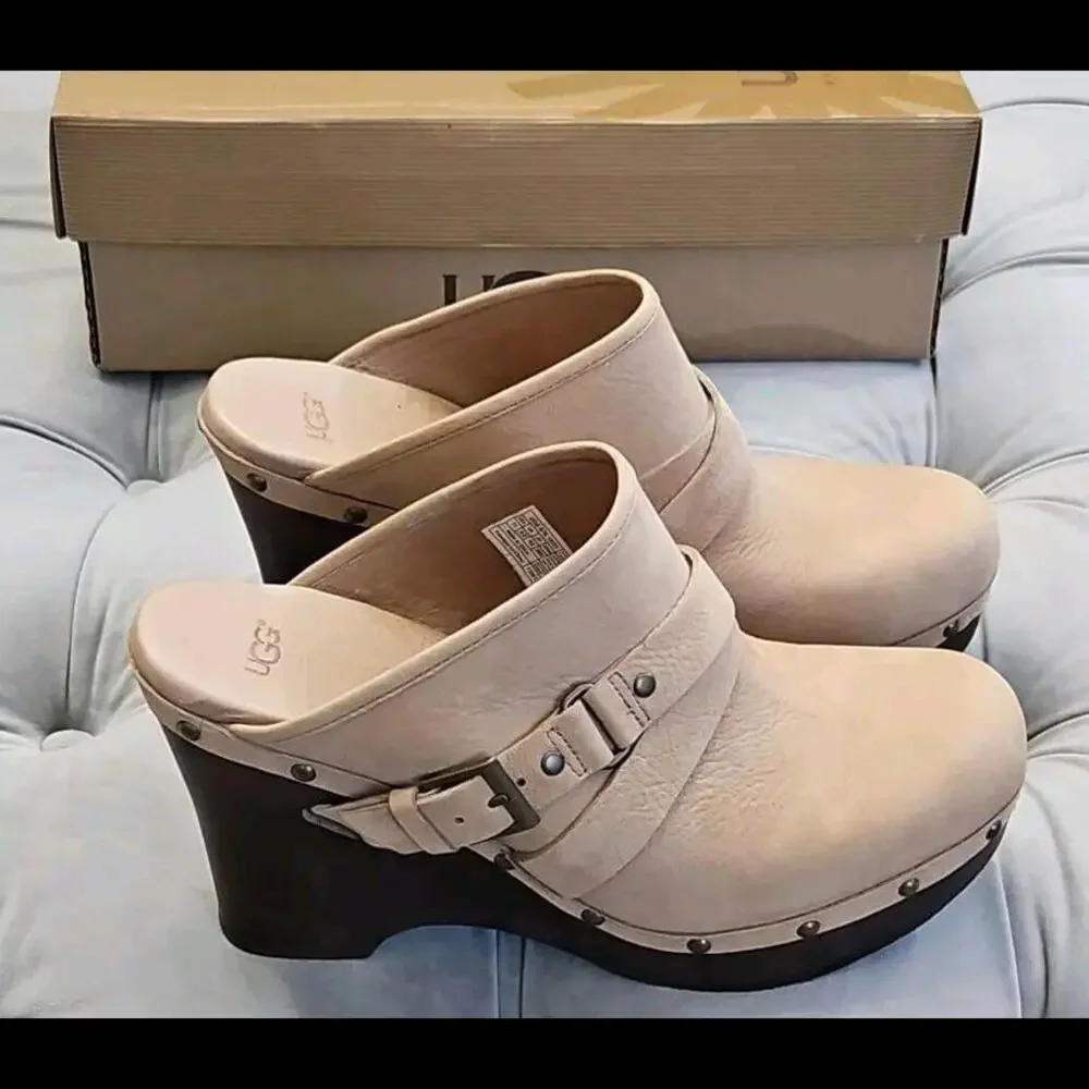 UGG Natalee Beige Leather Buckle Slip On Studded Platform Mules Womens Shoes 11 - Picture 2 of 15